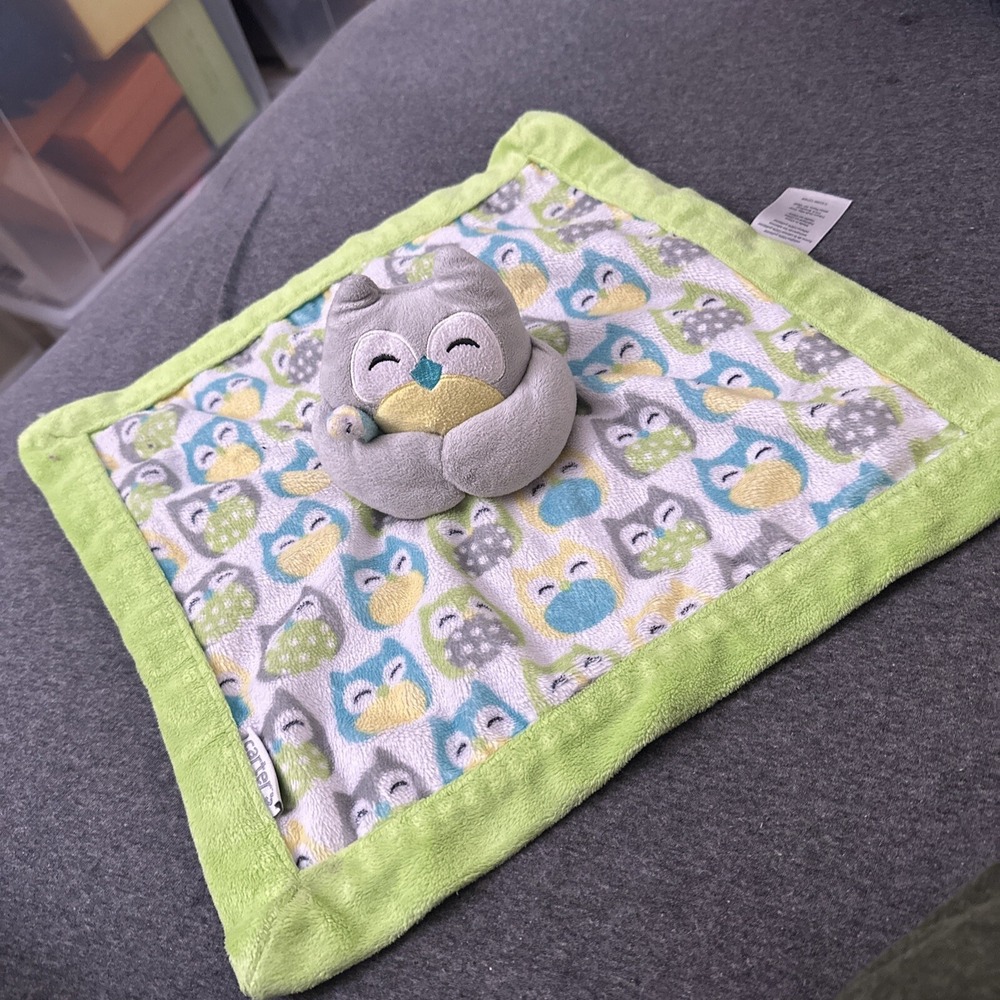 Carters Owl Baby Security Blanket Lovey Plush Stuffed Velour Green‎ Gray Teal